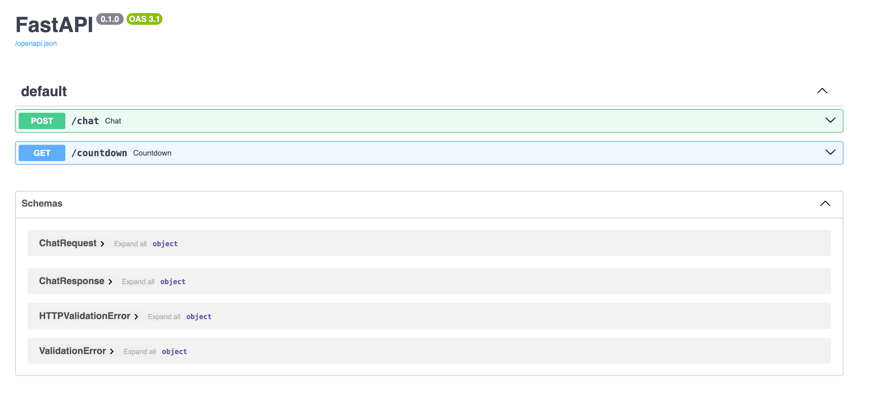 FastAPI Swagger UI listing the POST /chat and GET /countdown endpoints, with ChatRequest, ChatResponse and HTTPValidationError under Schemas